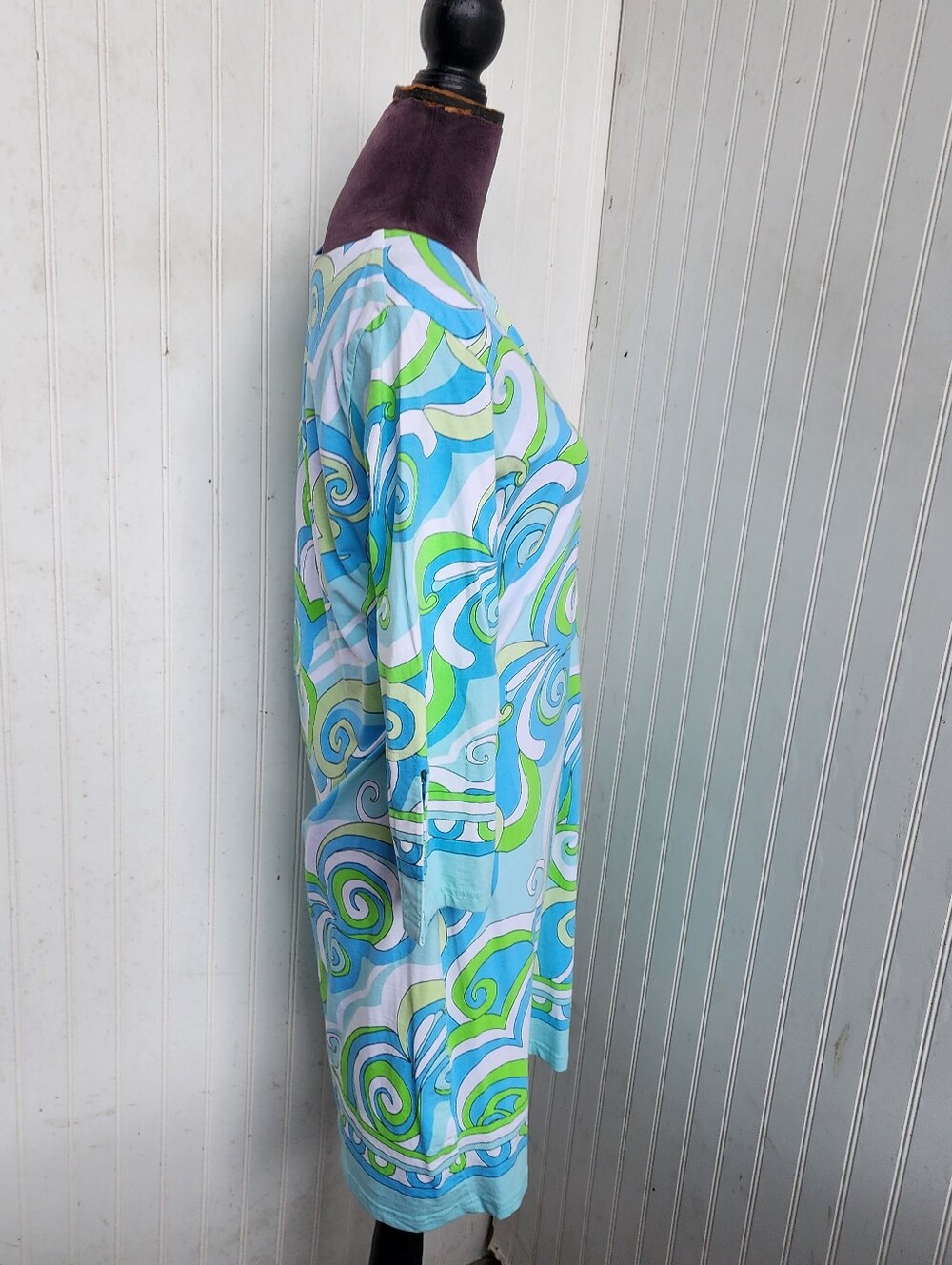 Barbara Gerwit Knit V Neck long sleeve Blue Green Geometric Dress Cotton Women L - Picture 8 of 14